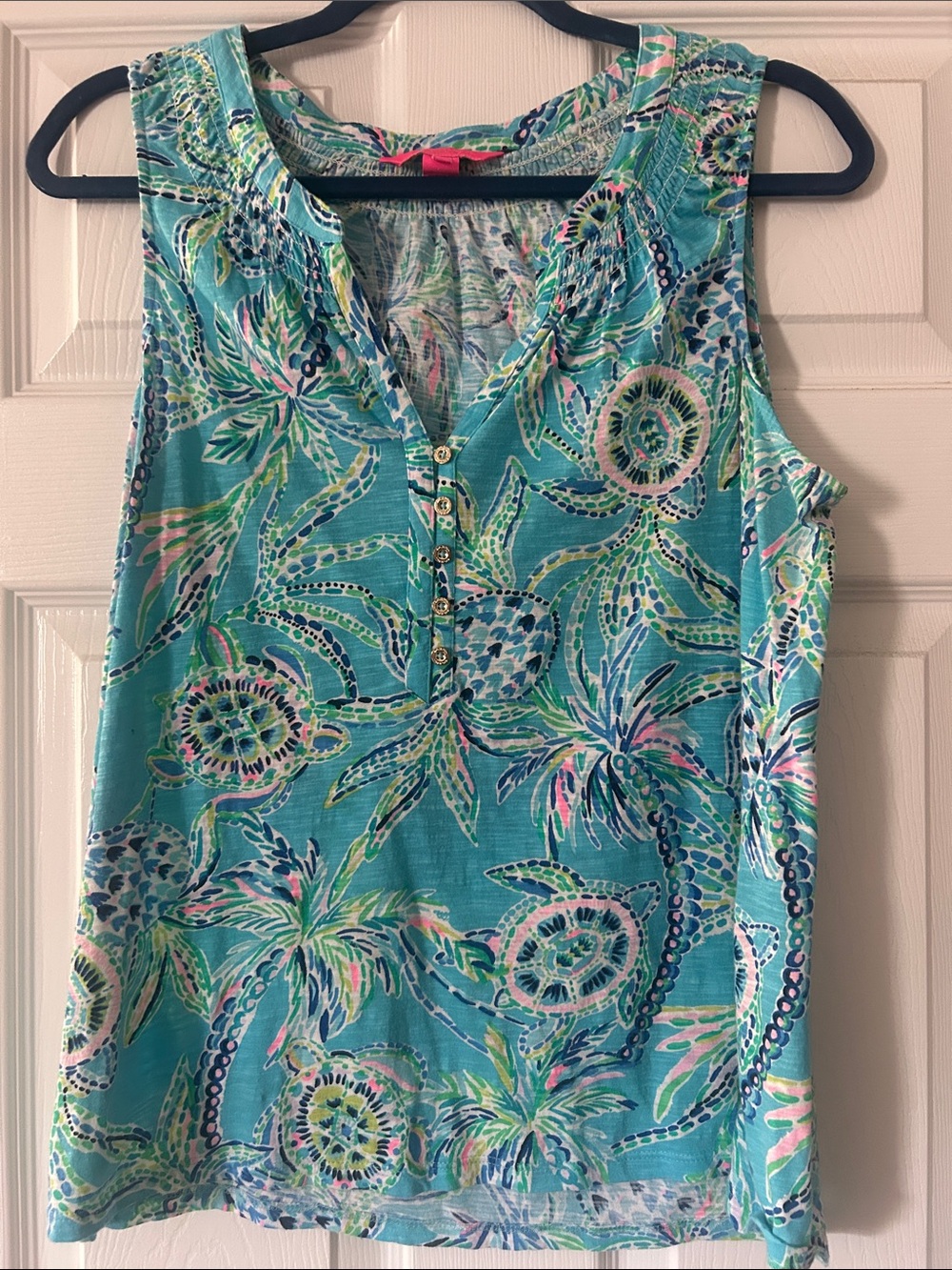 Lilly Pulitzer Aqua Tropical Henley Tank with Multicolor Palm Print